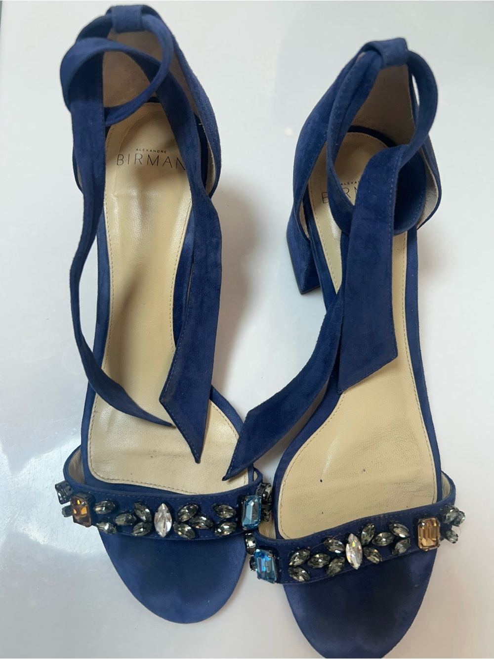 ALEXANDRE BIRMAN BEJEWELED BLUE NUBUCK ANKLE TIE Sandals. Size 37.5(7). GORGEOUS